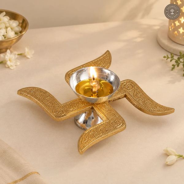 Golden Swastik Decorative Diya for Pooja