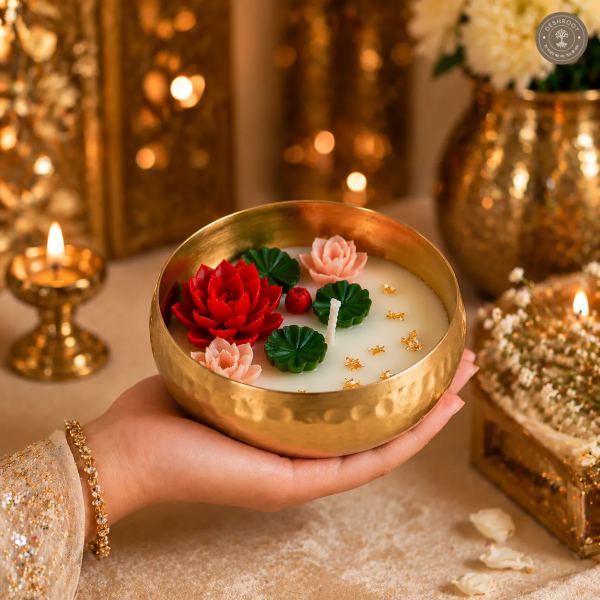 Timeless Elegance Handmade Brass Urli Candle with Floral Design – Hammered Decorative Urli with Wax Flowers