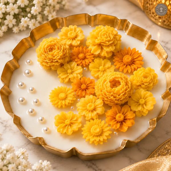 Yellow Floral Urli Candle with Decorative Metal Bowl