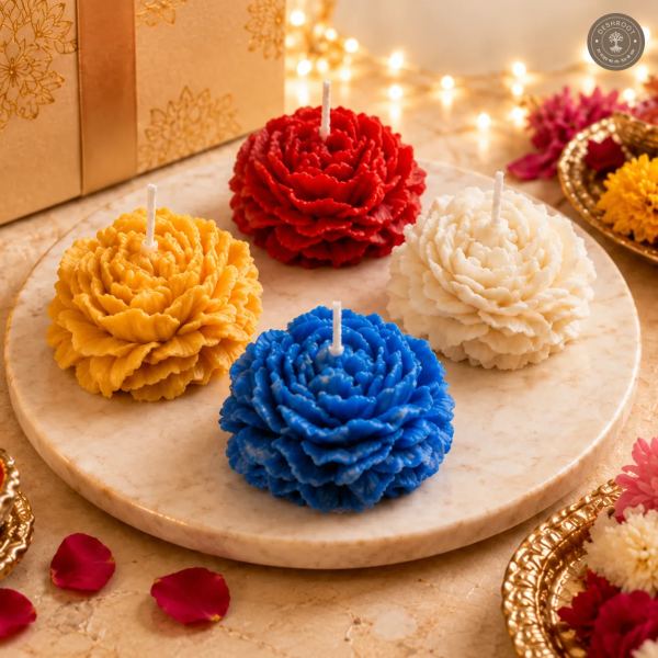 Premium Small Peony Flower Candles Set of 4 – Decorative Scented Candles for Diwali, Home Decor & Gifting