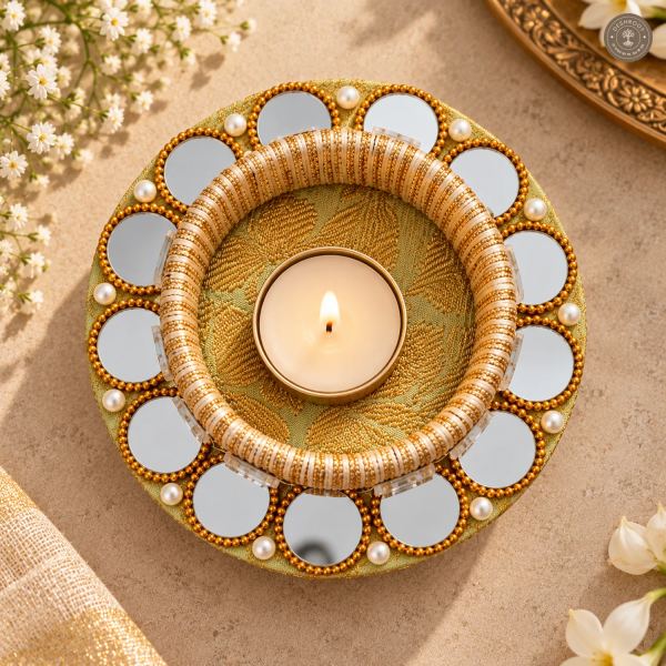 Round Mirror Gold Bead Tea Light Holder