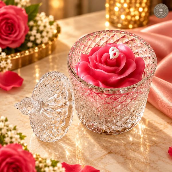 Handcrafted Rose Candle in Premium Crystal Glass Jar with Lid