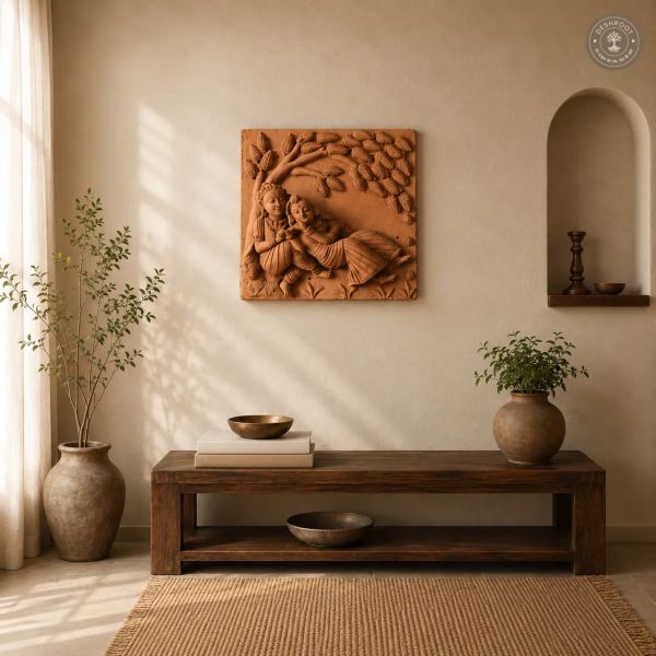 Rajasthani Handcrafted Terracotta Radha Krishna Wall Panel – Traditional Divine Couple Sculpture with Intricate Leaf Motifs for Home Décor