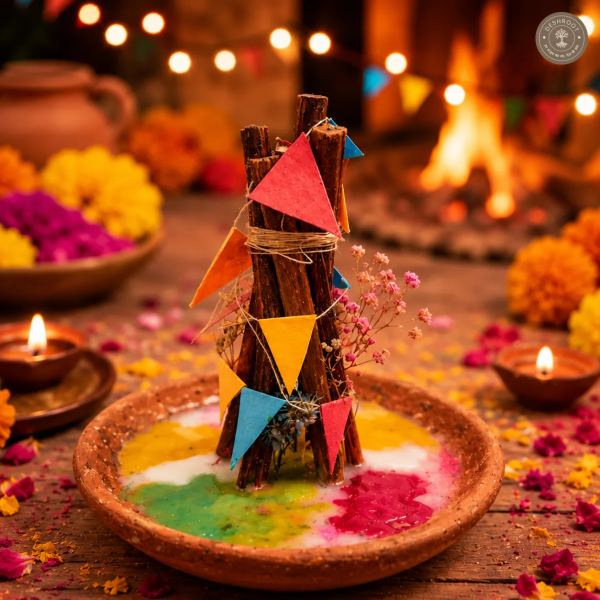 Handcrafted Soy Wax Holi Celebration Candle with Mini Bonfire Design