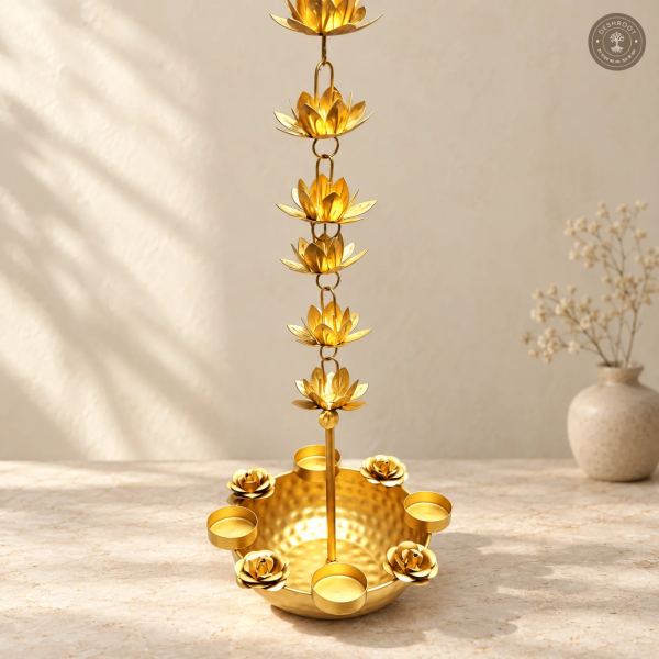 Golden Iron Lotus Rain Chain Hanging Urli with 4 Free Wax Candles