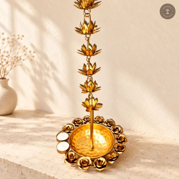 Handcrafted Metal Brass Gold Lotus Rain Chain Urli Bowl
