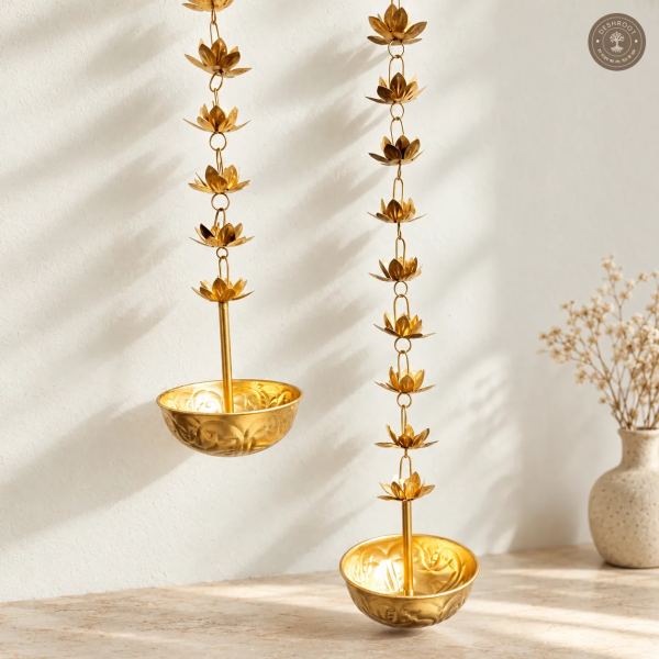 Golden Iron Lotus Rain Chain Hanging Urli Bowl Set of 2
