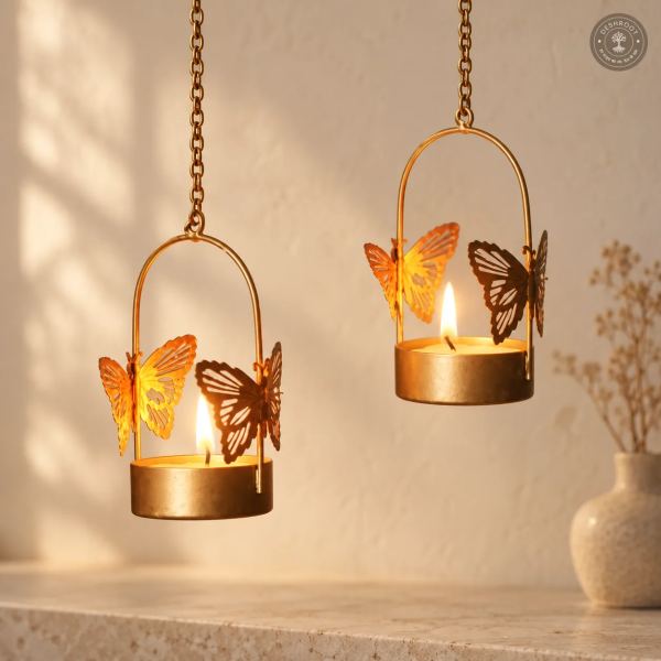 Golden Butterfly Hanging Tealight Candle Holders - Set of 6
