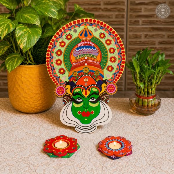 Handcrafted Kathakali Face Wall Art – Kerala Wall Decor with 2 Free Tealight Holders