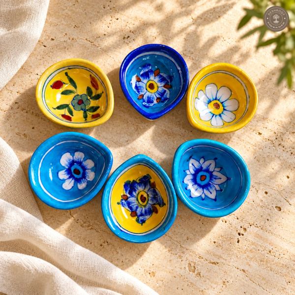Handcrafted Ceramic Diya Set of 6 – Multicolour Floral Painted Clay Oil Lamps in Blue and Yellow