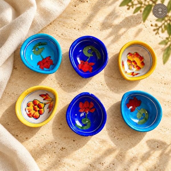 Handcrafted Floral Ceramic Diya Set of 6 – Multicolour Hand-Painted Flower Design Oil Lamps in Blue and Yellow for Diwali