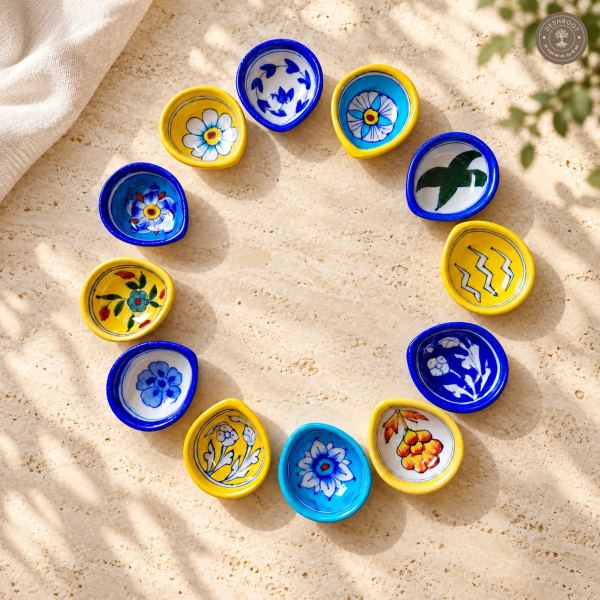 Handcrafted Multicolour Floral Ceramic Diya Set of 12 – Hand-Painted Blue and Yellow Decorative Oil Lamps