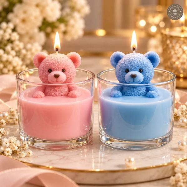 Baby Shower Teddy Bear Scented Candle – Handcrafted Decorative Glass Jar Candle – Pink & Blue Gift Set