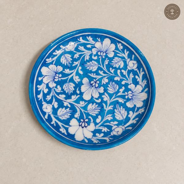 Handcrafted Turquoise Blue Floral Decorative Plate with White Botanical Artwork