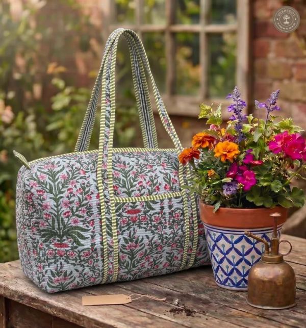 Handcrafted Quilted Sage Green Floral Cotton Duffel Bag
