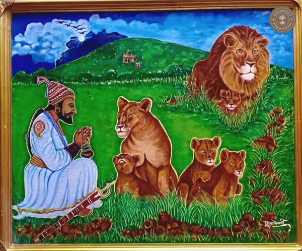 SHIVAJI MAHARAJ AND THE LIONESS-WALL PAINTING