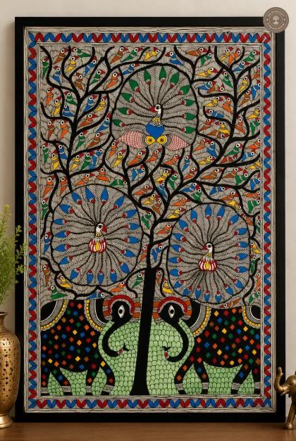 Handmade Tree of Life Madhubani Painting with Peacocks & Elephants on Canvas Paper