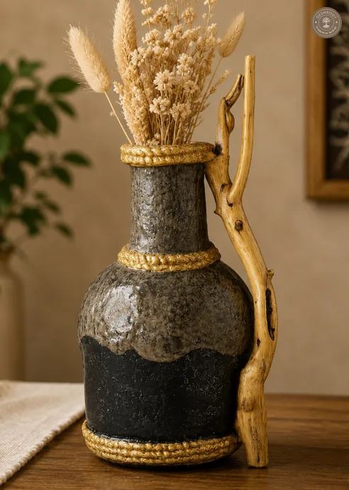 Handcrafted Paper Mache Rustic Decorative Vase with Wooden Branch Handle
