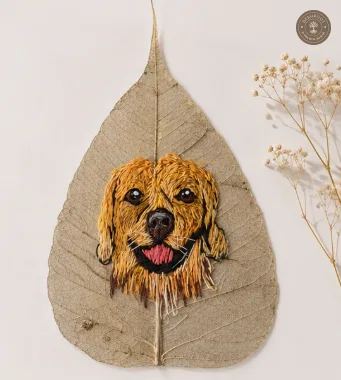 Handcrafted Embroidered Golden Retriever Leaf Art