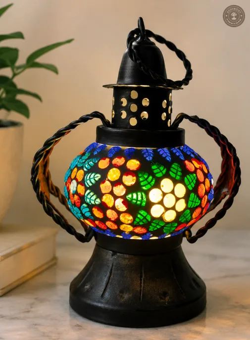 Handcrafted Jaipur Blue Pottery Mosaic Table Lantern