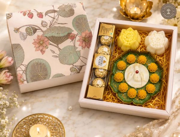 Raksha Bandhan Premium Gift Hamper - Decorative Urli Candle, 2 Floral Candles & Ferrero Rocher Chocolates