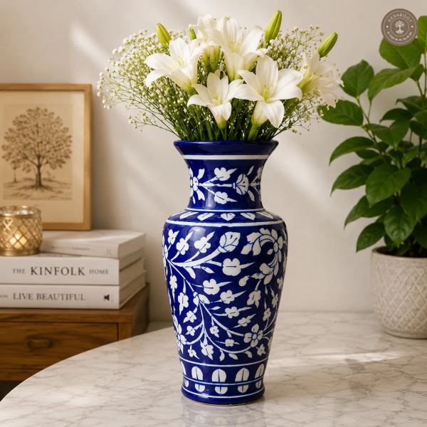 Handcrafted Jaipur Blue Pottery Floral Ceramic Vase