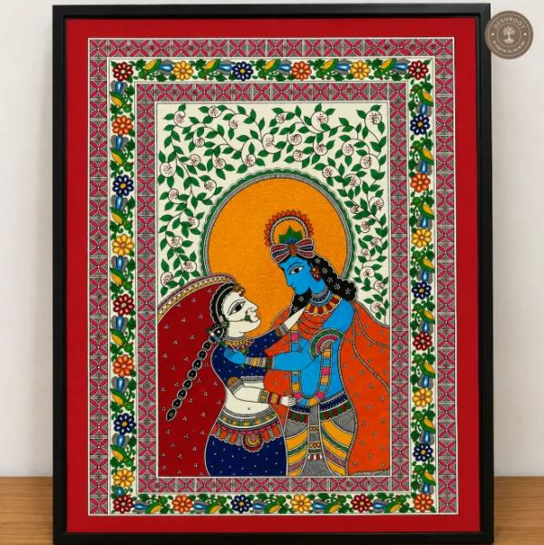 Handmade Radha Krishna Madhubani Painting on Canvas Paper