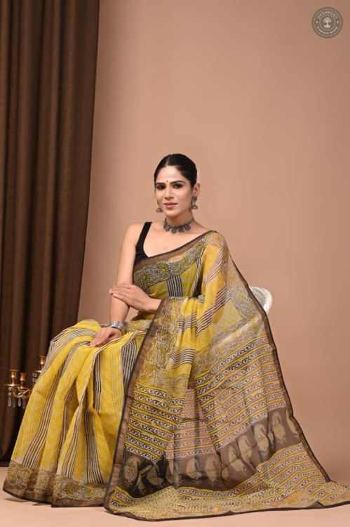 Hand Block Printed Kota Doriya Saree for Women | Lightweight Traditional Indian Saree with Blouse Piece