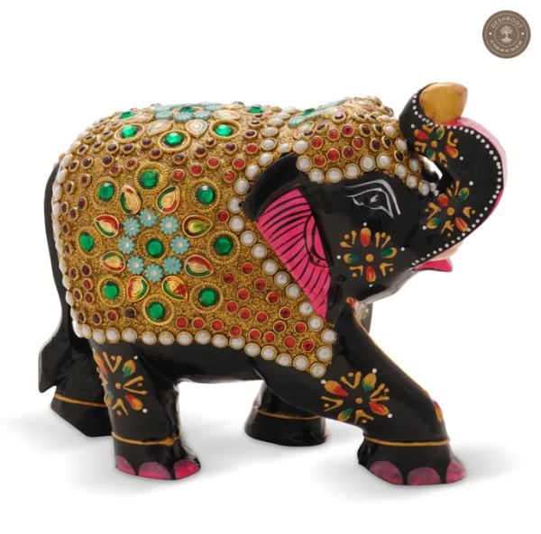 Handcrafted Wooden Elephant Showpiece with Stone Embellishments