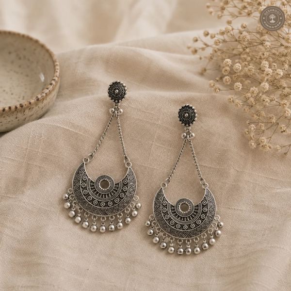 Silver oxidised Long chandbali earrings