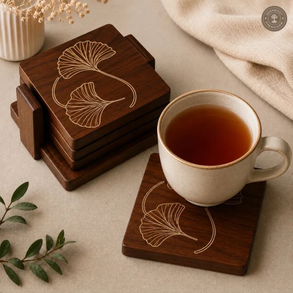 Ginkgo Elegance Wooden Coaster Set