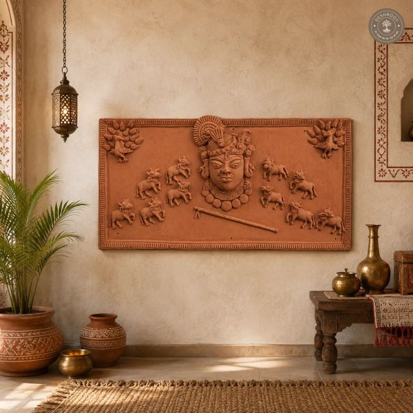 Handcrafted Terracotta Krishna & Cow Wall Relief Panel