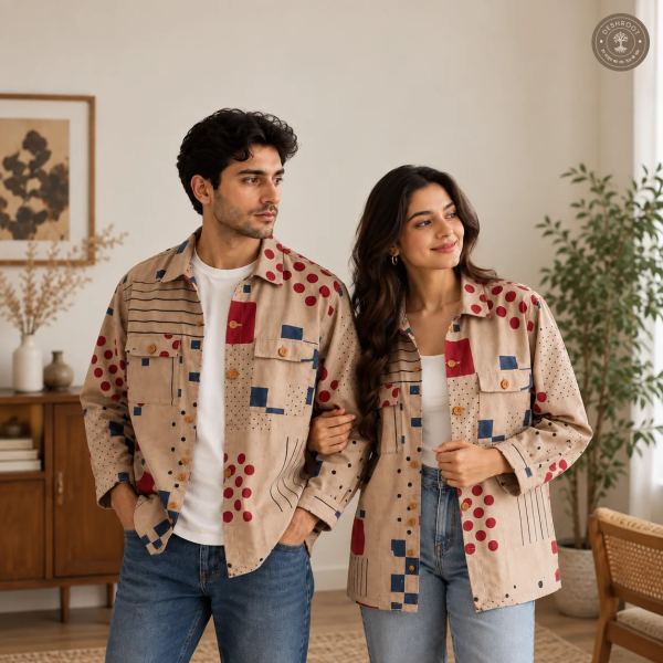 Unisex Printed Patchwork Jacket – Beige Geometric Multicolour Casual Jacket with Wooden Buttons & Pockets