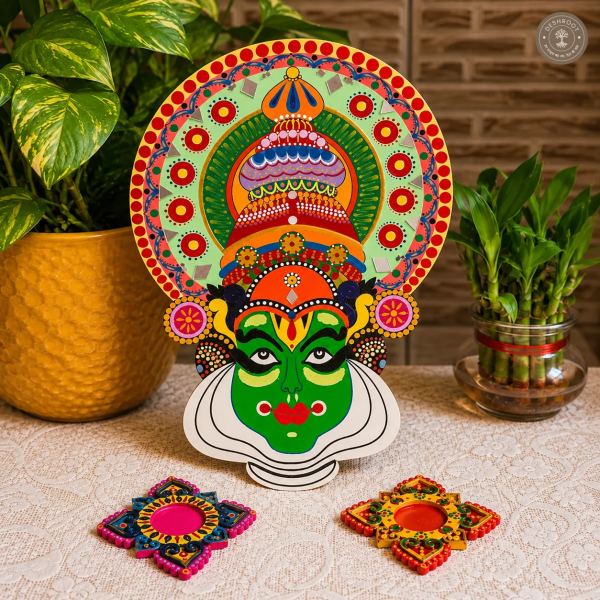Handcrafted Kathakali Face Wall Art – Kerala Wall Decor with 2 Free Tealight Holders