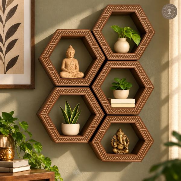 Hexa Haven Wooden Wall Shelf Set