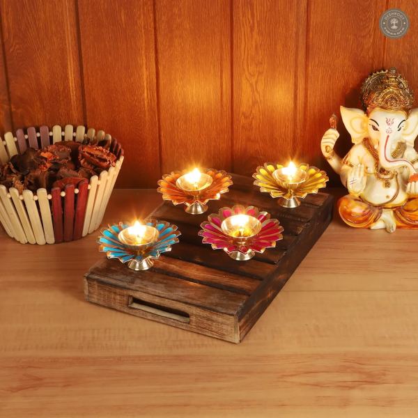 Colored Brass Akhand Dia Set of 4