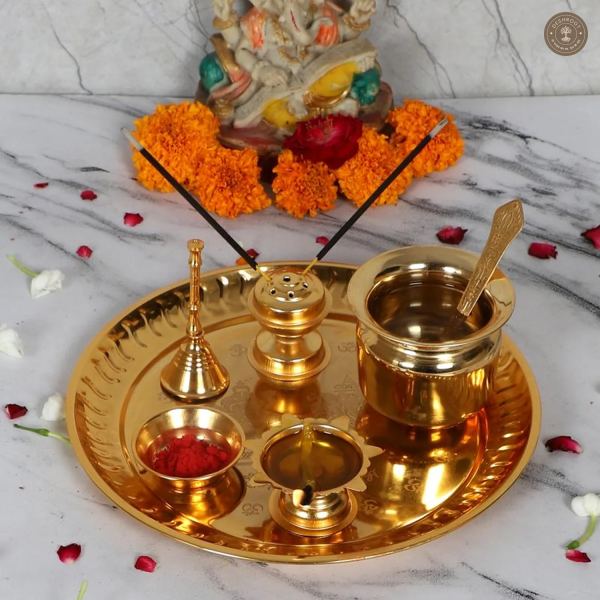Gold Steel Pooja Thali With Velvet Box