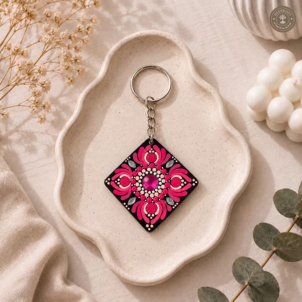 Pink Lotus Bloom Hand-Painted Resin Mandala Keychain
