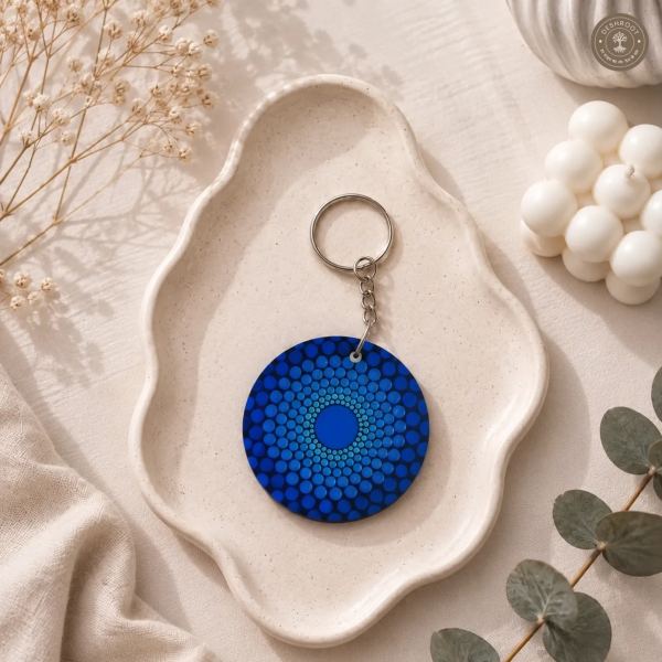 Midnight Blue Dot Mandala Hand-Painted Resin Keychain