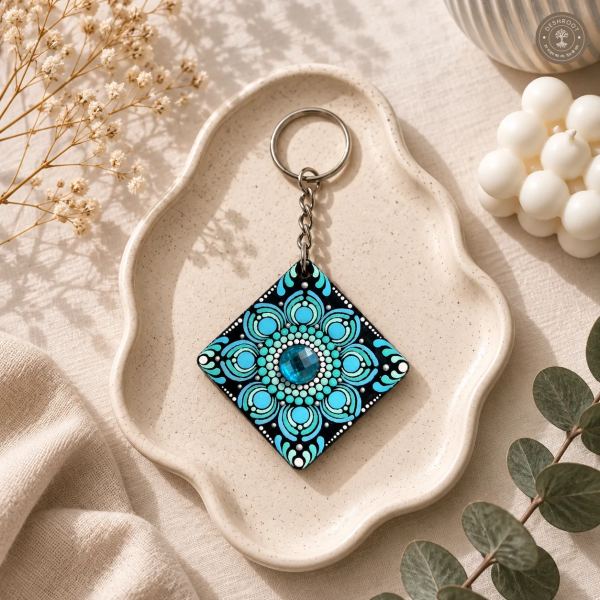 Aqua Bloom Hand-Painted Resin Mandala Keychain
