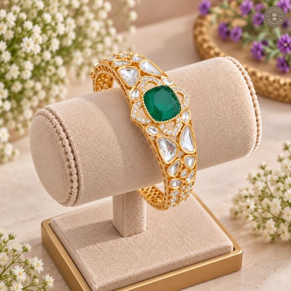 Cushion Stone Floral Halo Gold-Tone Kada Bracelet
