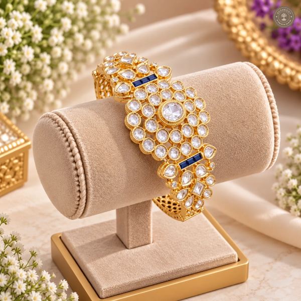 Clear Round Stone Cluster Blue Accent Gold-Tone Kada Bracelet