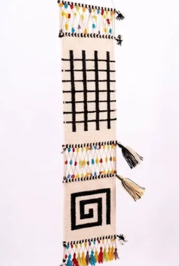Handwoven Geometric Wall Hanging with Colorful Tassel Accents