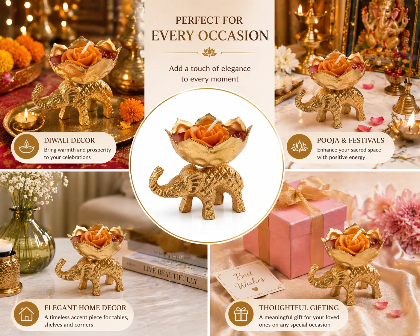 Timeless Elegance Brass Elephant Urli Candle Holder with Floral Wax Design – Decorative Diya Bowl for Diwali, Pooja, Home Decor & Housewarming Gifts (10 cm x 10 cm, 100g)