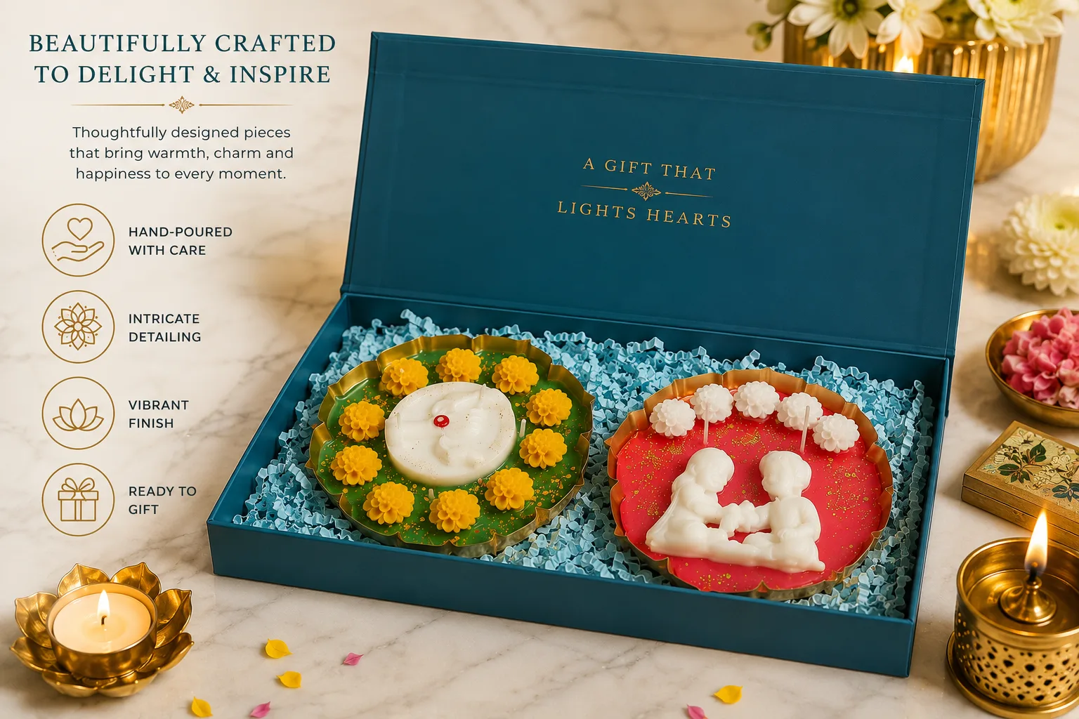 Festive Decorative Candle Gift Set of 2 - Ganpati & Brother-Sister Theme Premium Candles in Gift Box