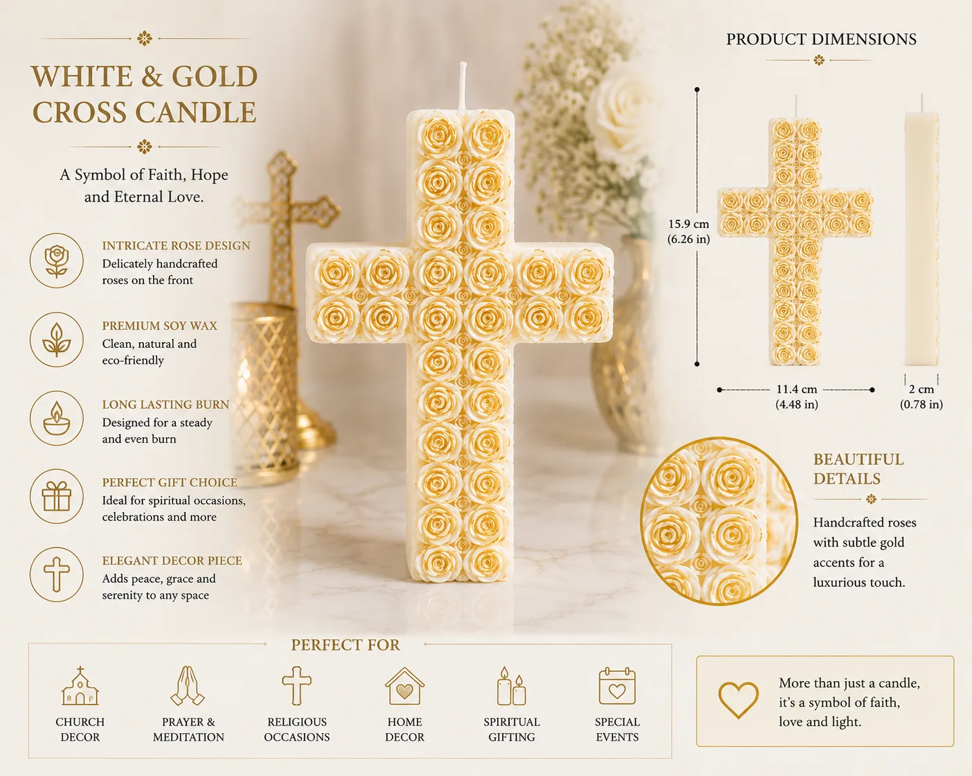 White & Gold Rose Cross Candle – Decorative Soy Wax Candle