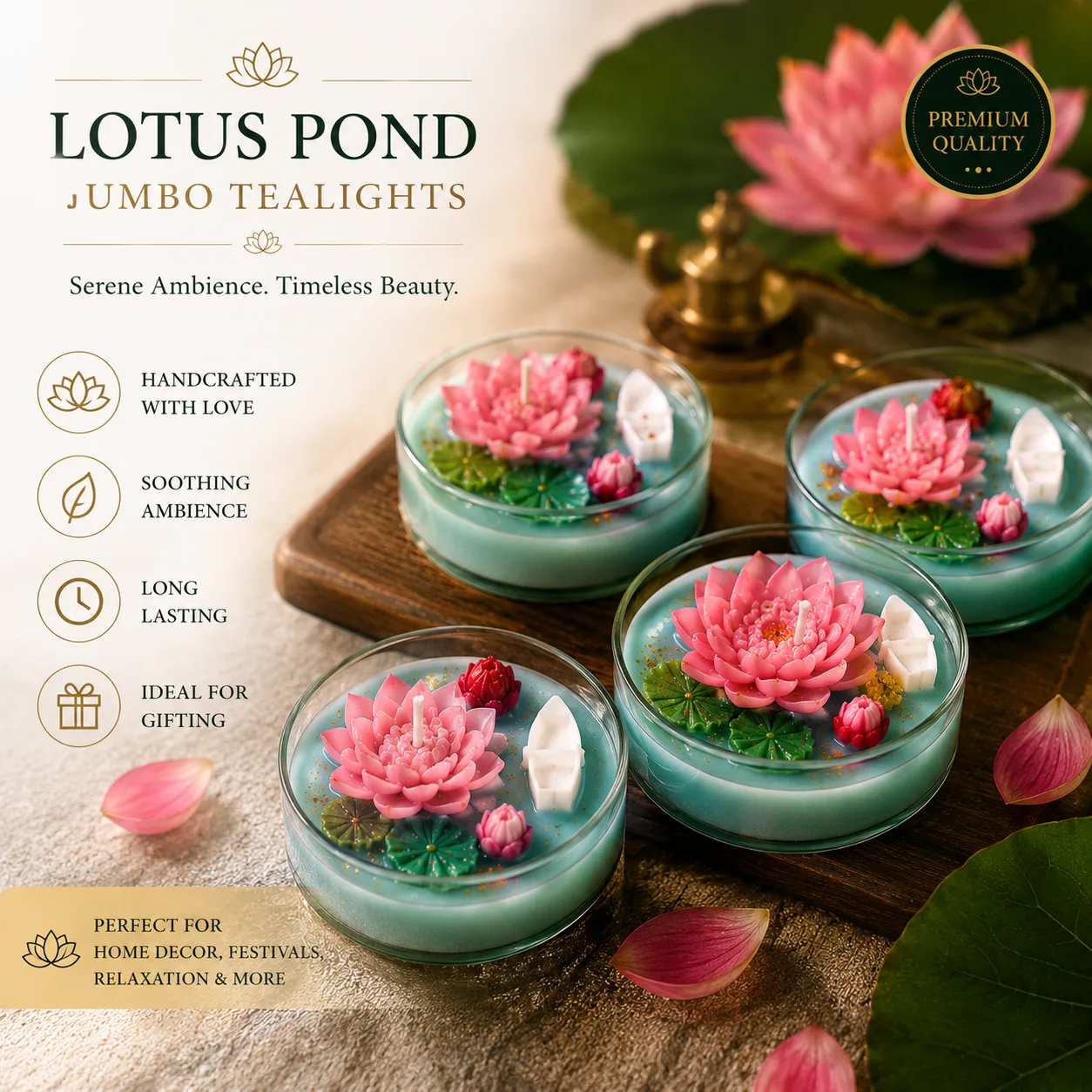 Jumbo Lotus Pond Tealight Candles Set of 8 – Decorative Floating Lotus Flower Wax Candles in Glass Cup