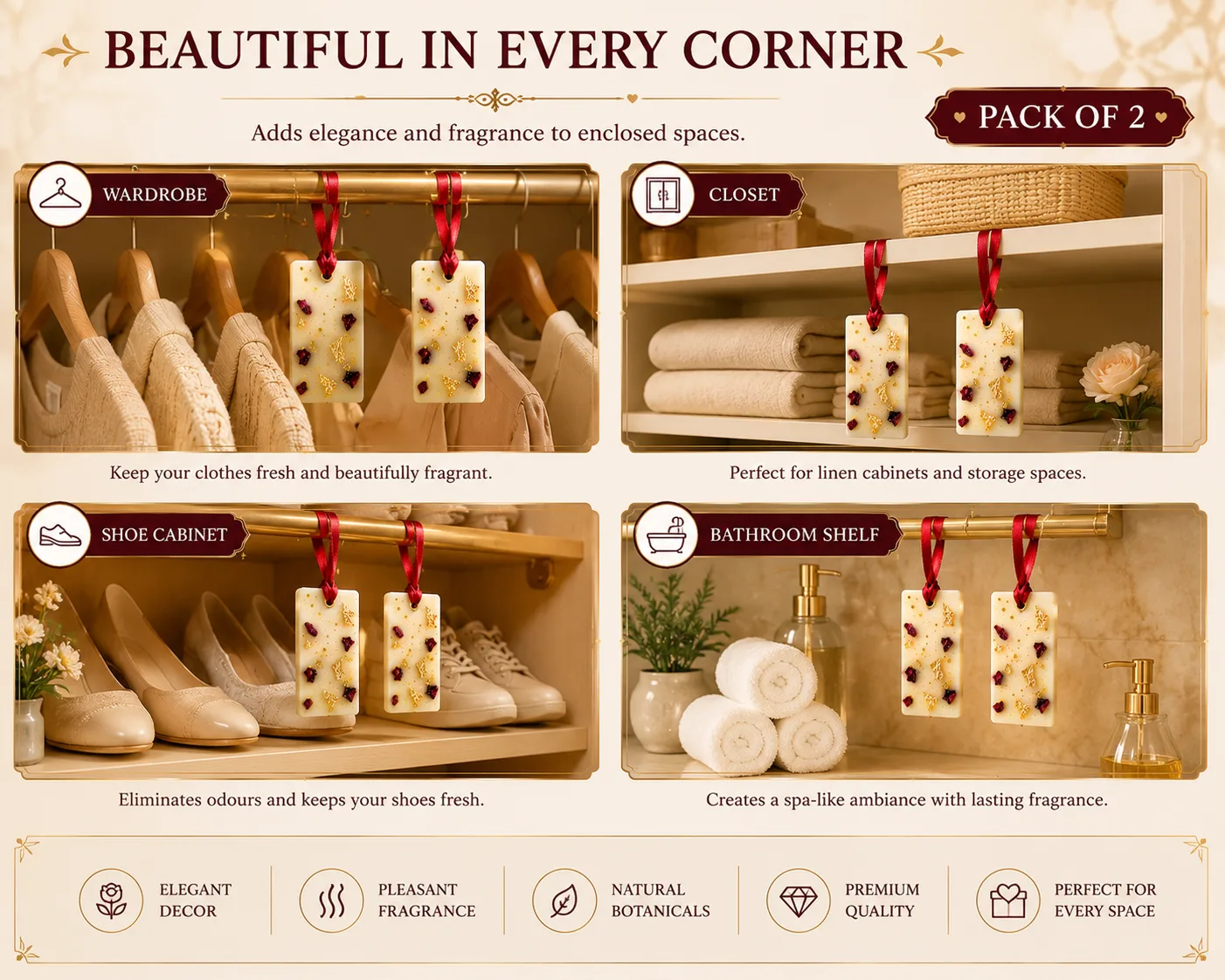 Handmade Scented Wax Tablets with Gold Leaf & Dried Rose Petals – Hanging Wardrobe Freshener