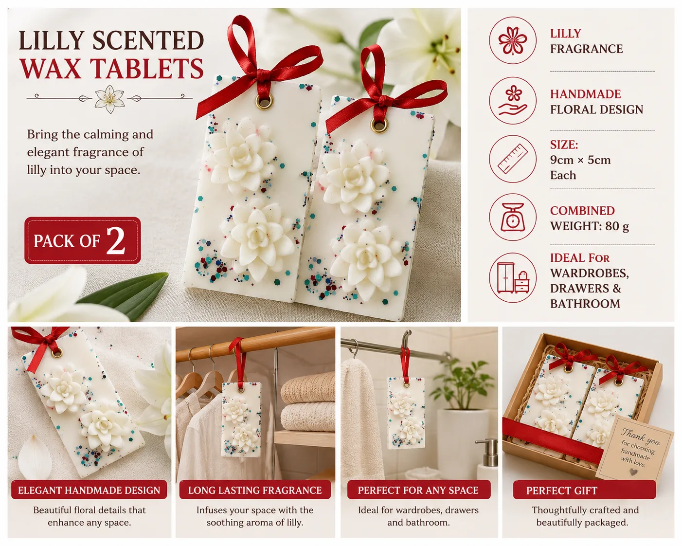 Lily Scented Wax Tablets for Wardrobe & Drawer Freshener – Handmade Floral Wax Sachets