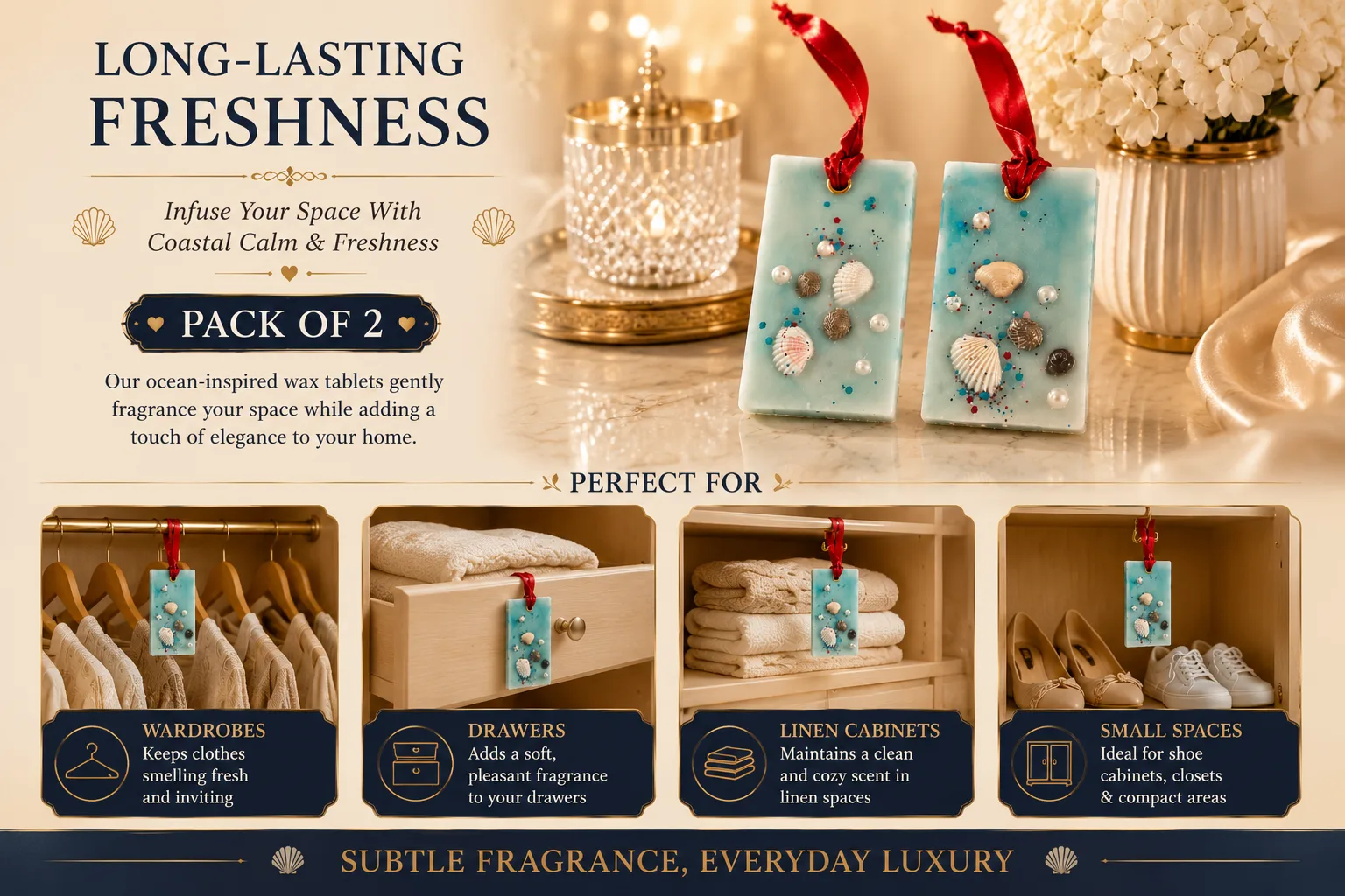 Ocean Breeze Scented Wax Tablets – Handmade Hanging Wardrobe Freshener with Seashell & Pearl Decor
